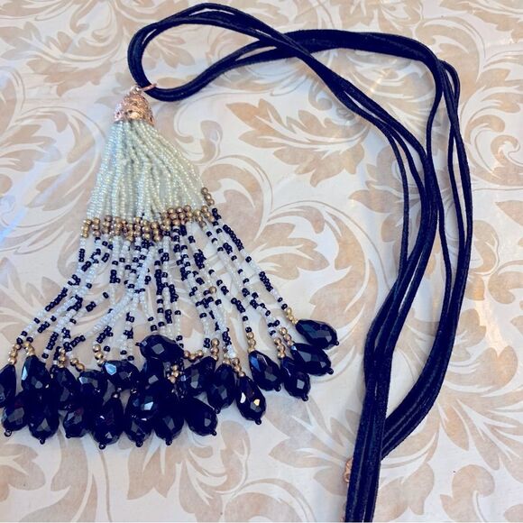 Seed Bead Tassel Necklace on 4 Black Strand Cord 30” Gorgeous - Picture 2 of 4